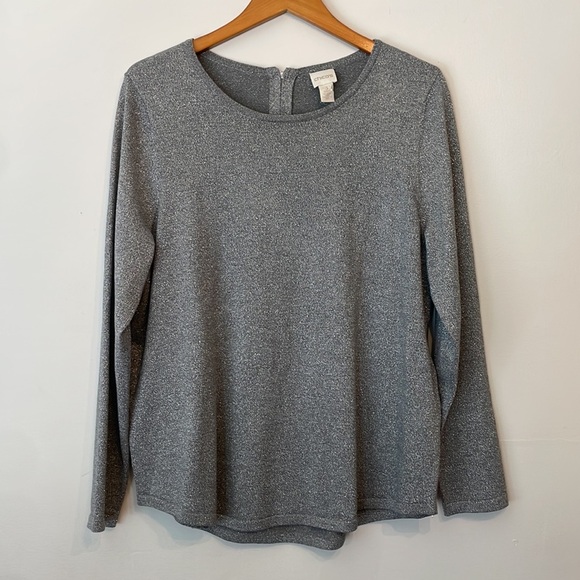 Chico’s Women’s Long Sleeve Glittery Silver Crewneck Blouse XL - Picture 2 of 7